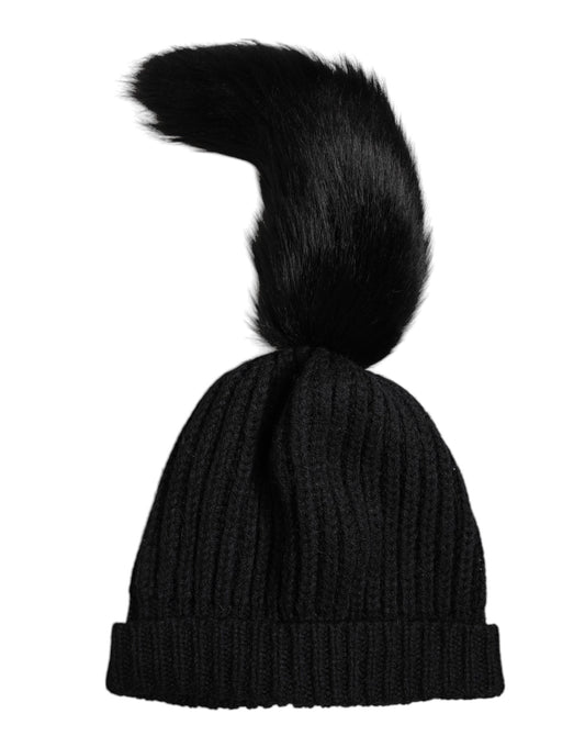 Dolce &amp; Gabbana Wintermütze aus schwarzem Acryl mit gestricktem Pelz