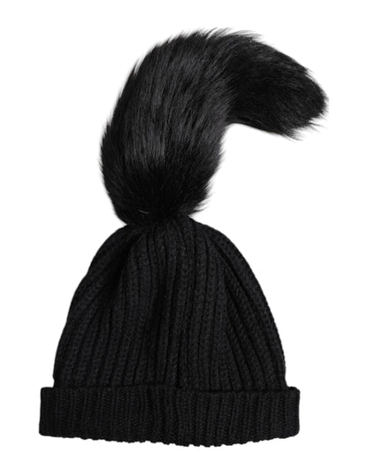 Dolce &amp; Gabbana Wintermütze aus schwarzem Acryl mit gestricktem Pelz