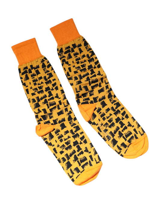 Dolce &amp; Gabbana Gelb-Schwarz bedruckte Herrensocken mit mittlerer Wade