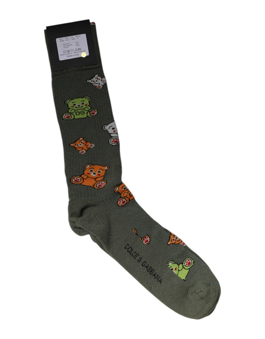 Dolce &amp; Gabbana – Wadenlange Socken aus grünem Nylon mit DG-Bären-Print