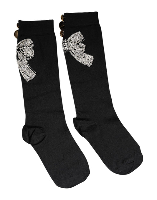 Dolce &amp; Gabbana – Schwarze Stricksocken mit Blumen- und Kristallverzierung