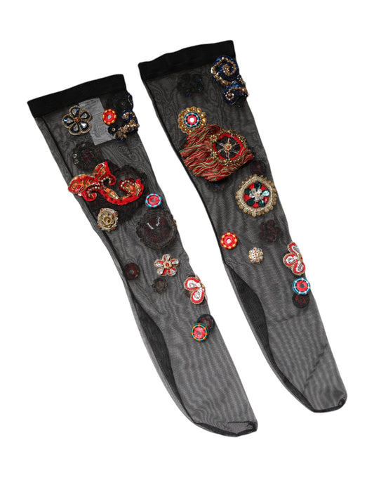 Dolce &amp; Gabbana Schwarze Stretch-Carretto-Strümpfe mit Kristallen