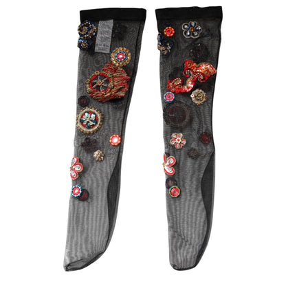 Dolce &amp; Gabbana Schwarze Stretch-Carretto-Strümpfe mit Kristallen