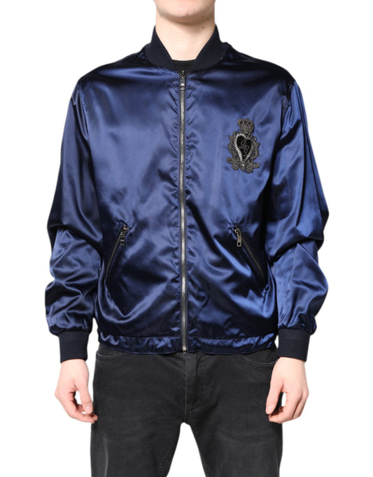 Dolce &amp; Gabbana – Blaue Nylon-Bomberjacke „DG Crown“ mit durchgehendem Reißverschluss
