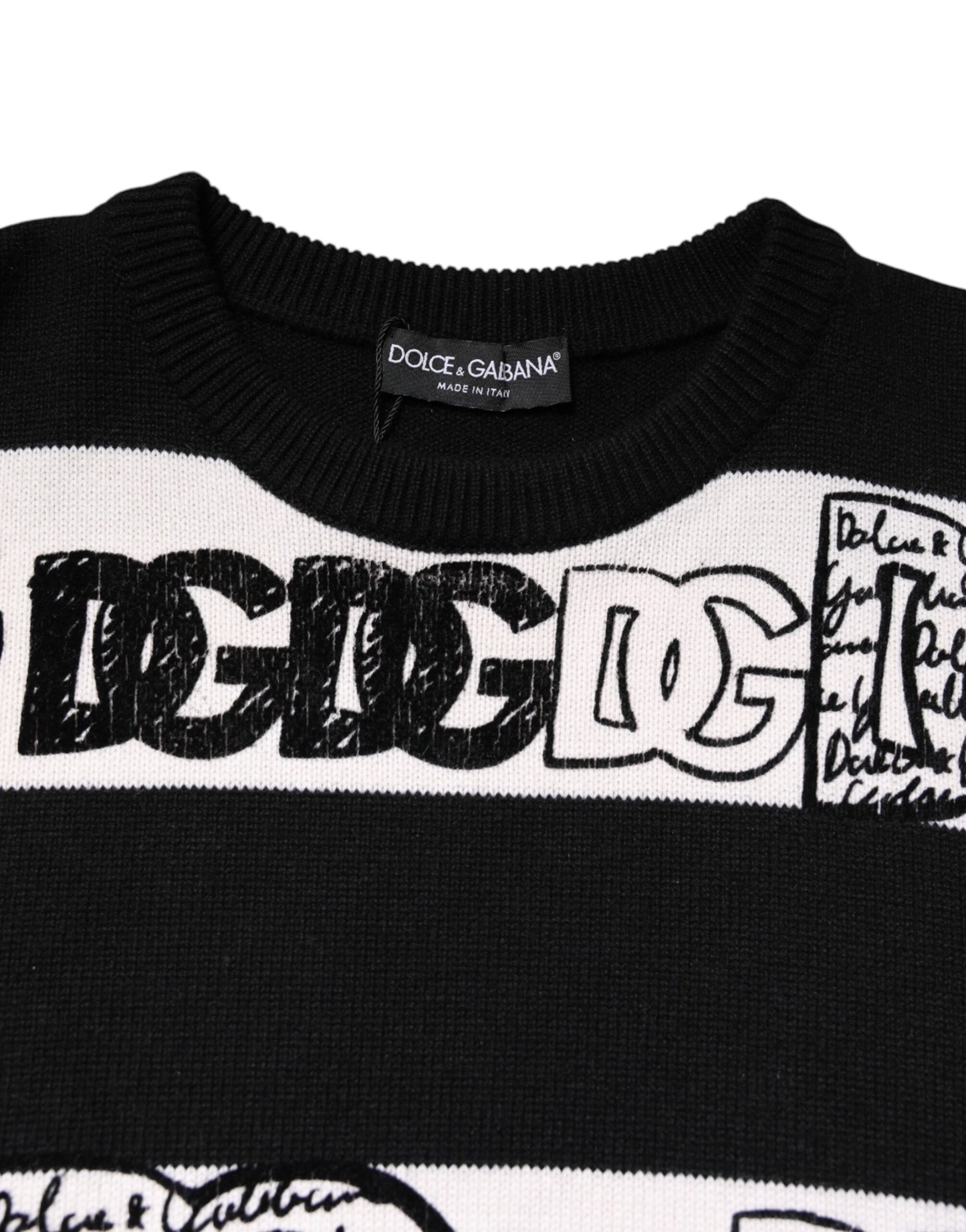 Dolce &amp; Gabbana Schwarz-Weiß-Pullover aus Wolle mit Logo-Print