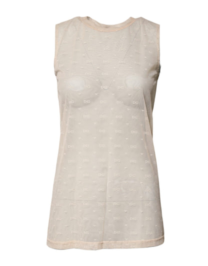 Dolce &amp; Gabbana – Durchsichtiges, ärmelloses Tanktop aus Nylon mit Logo in Elfenbein