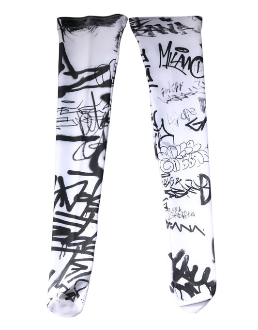 Dolce &amp; Gabbana – Wadenstrümpfe aus weißer Baumwolle mit Graffiti-Motiv