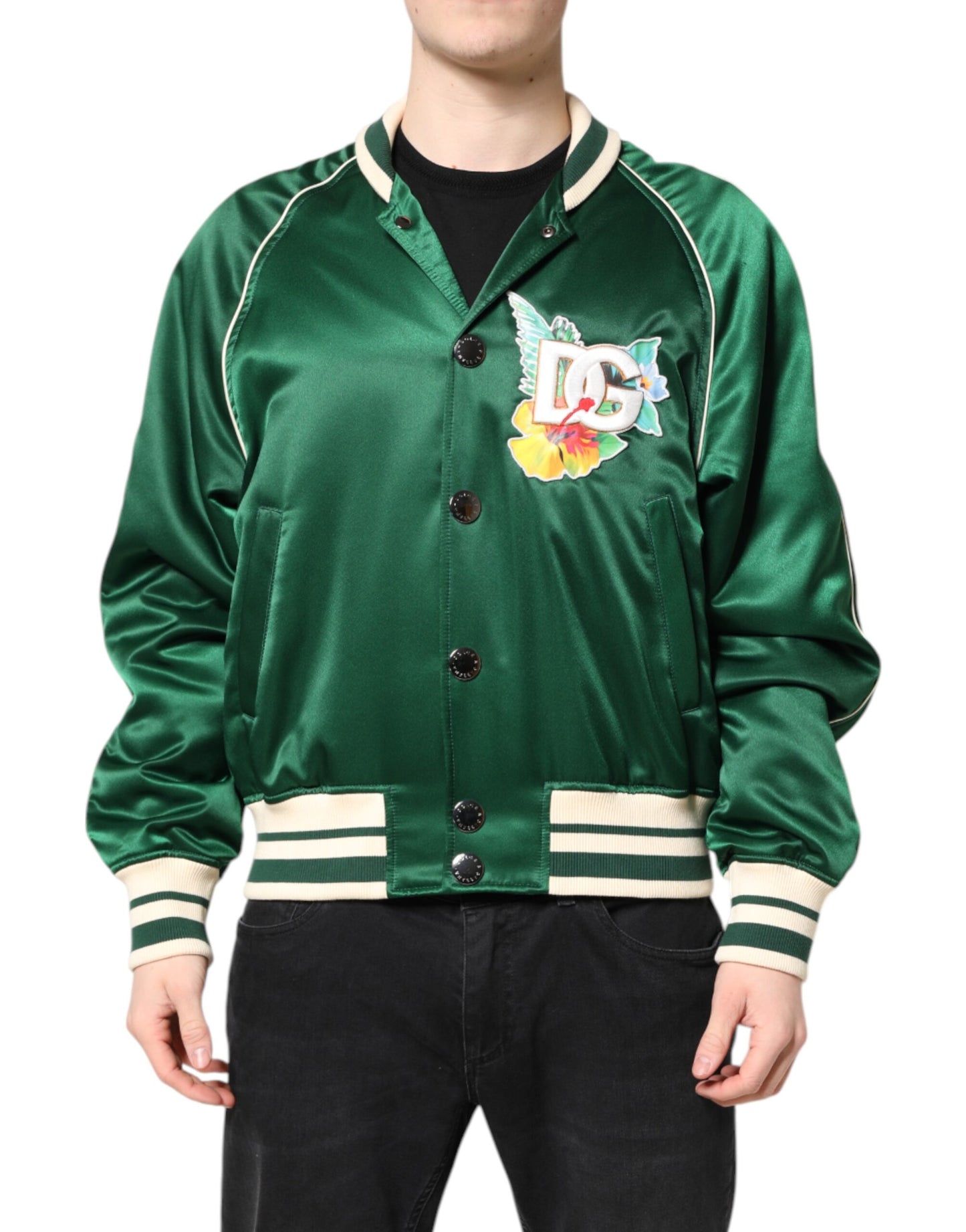 Dolce &amp; Gabbana – Grüne Bomberjacke mit durchgehendem Reißverschluss und DG-Logo