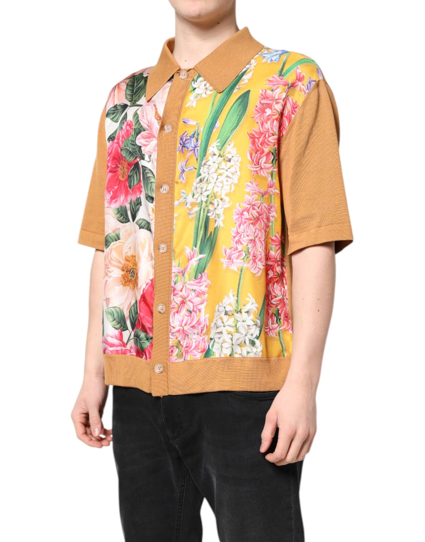 Dolce &amp; Gabbana Brown Floral Collared Short Sleeve T-shirt