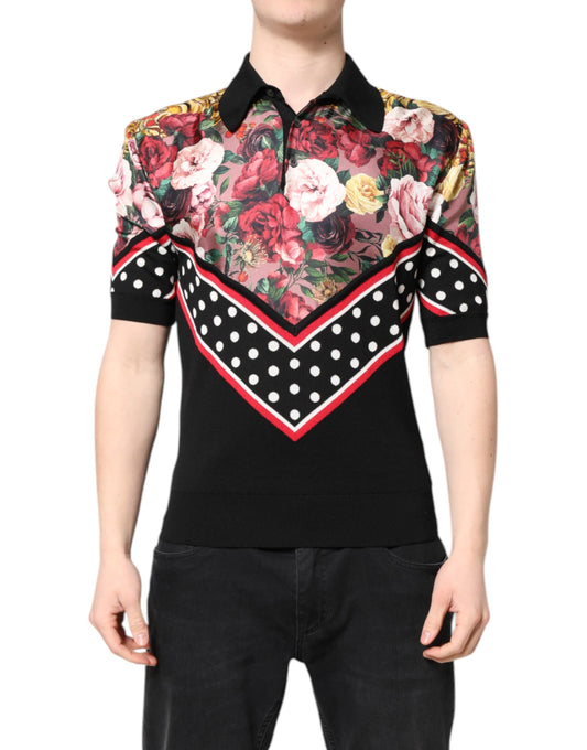 Dolce &amp; Gabbana Black Floral Collared Short Sleeve T-shirt