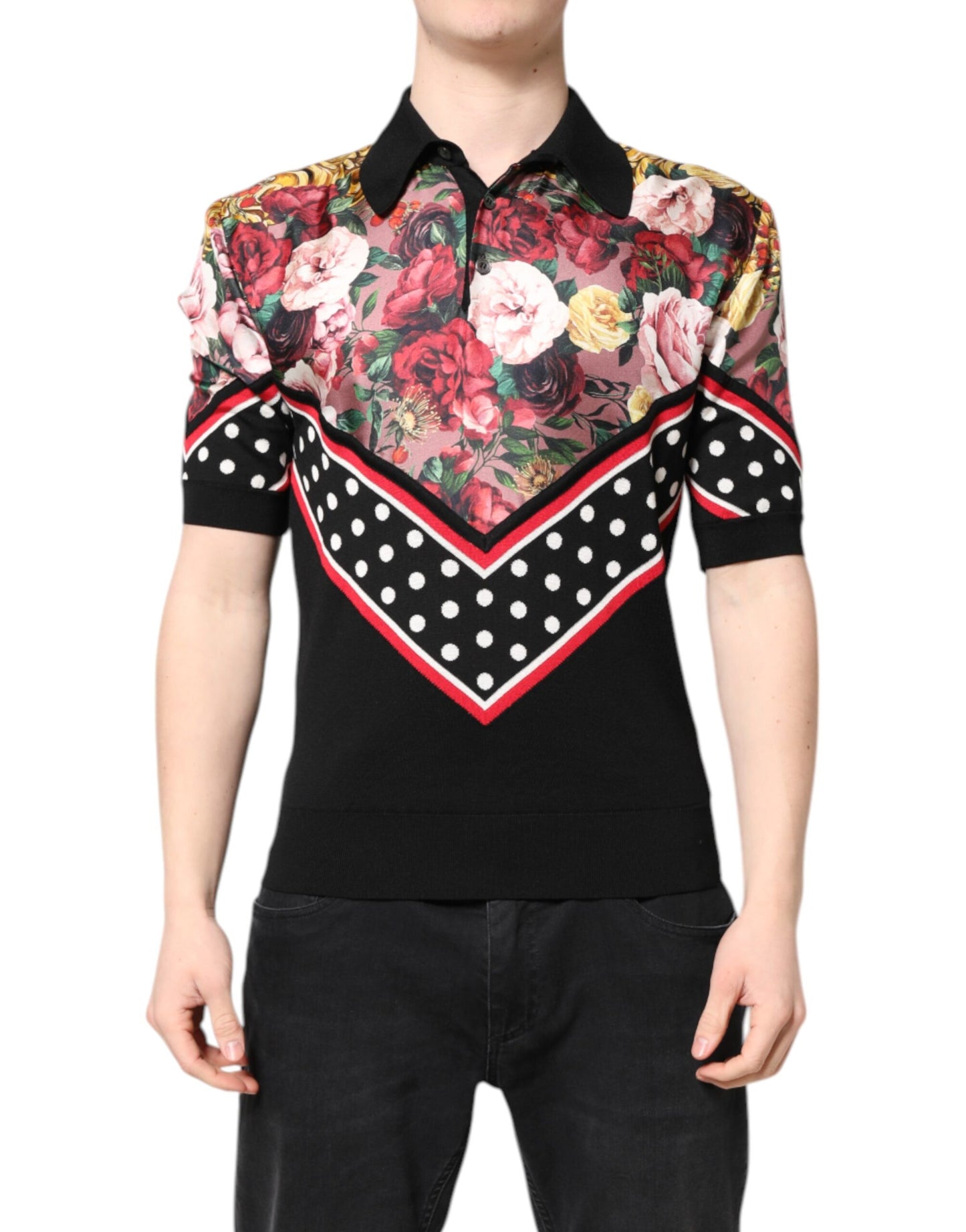 Dolce &amp; Gabbana Black Floral Collared Short Sleeve T-shirt