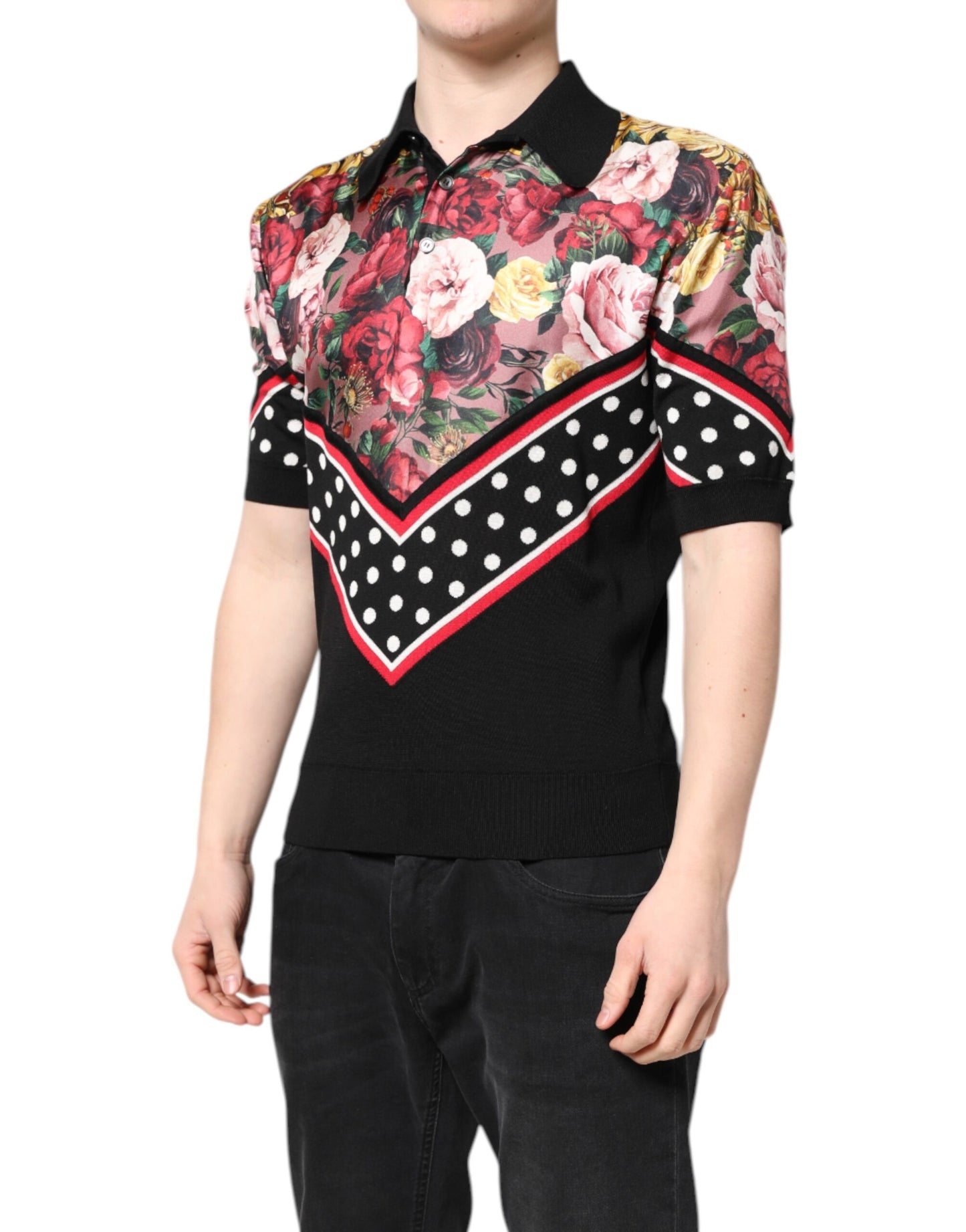 Dolce &amp; Gabbana Black Floral Collared Short Sleeve T-shirt