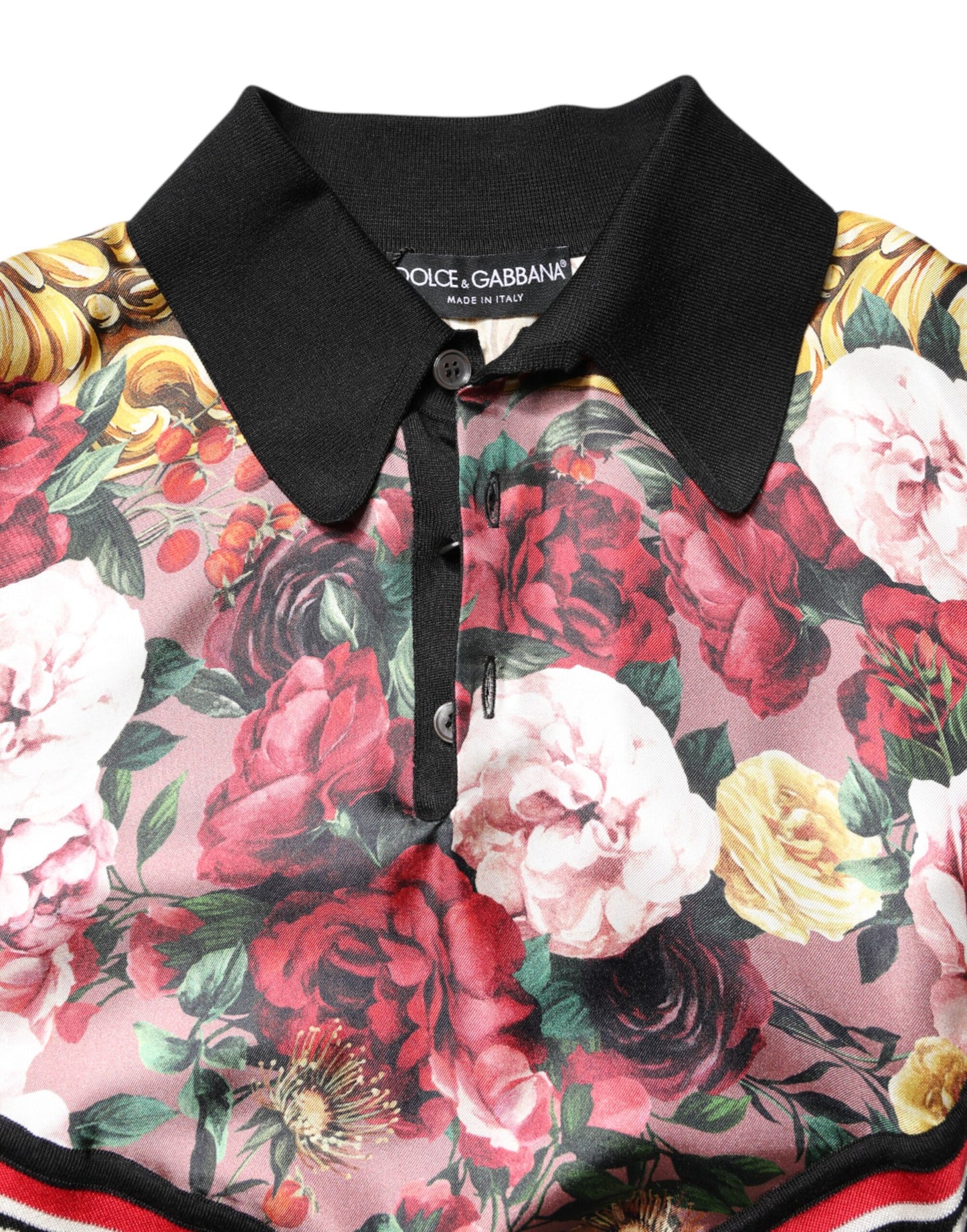 Dolce &amp; Gabbana Black Floral Collared Short Sleeve T-shirt