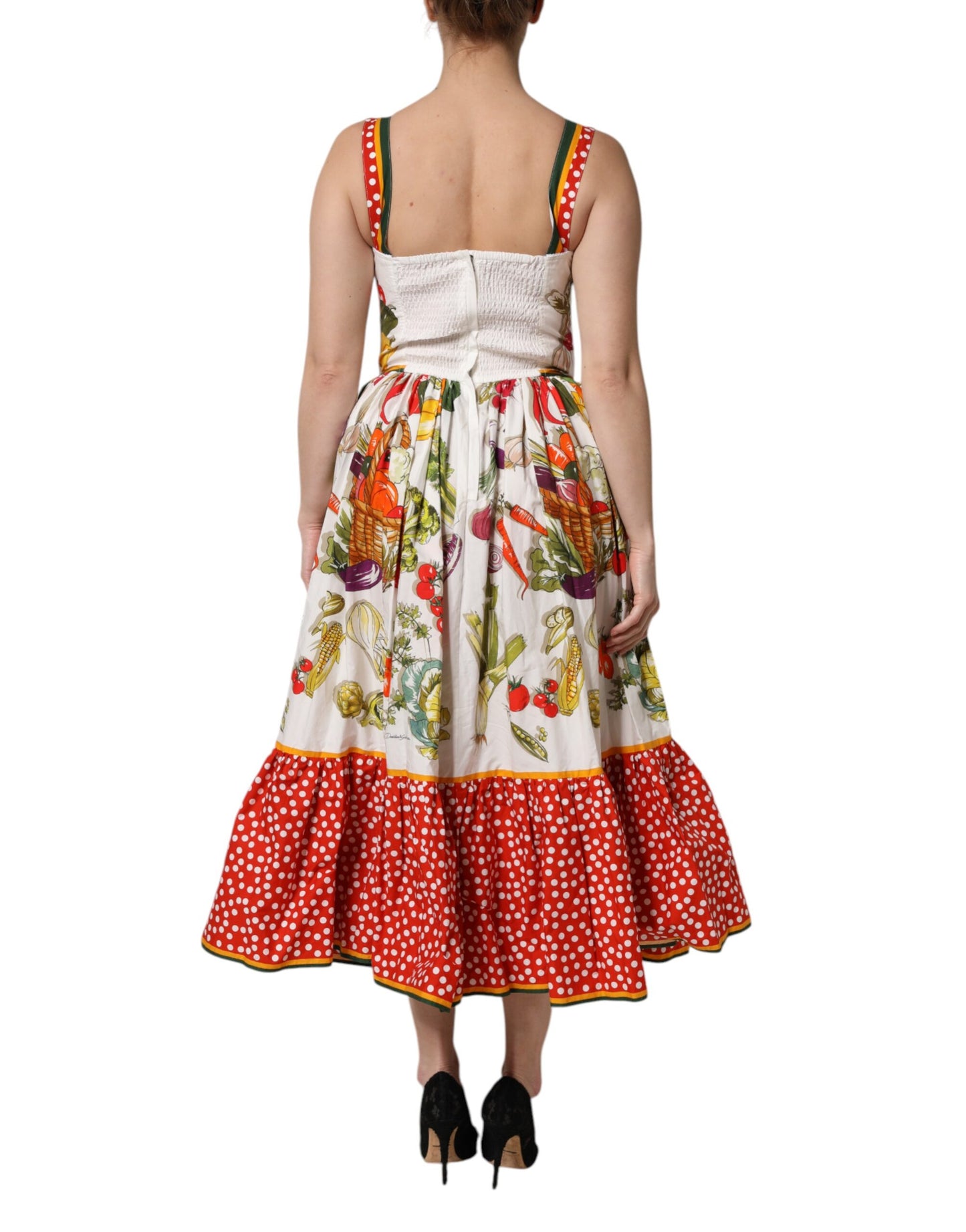 Dolce &amp; Gabbana Weißes ärmelloses Midikleid in A-Linie mit Gemüse