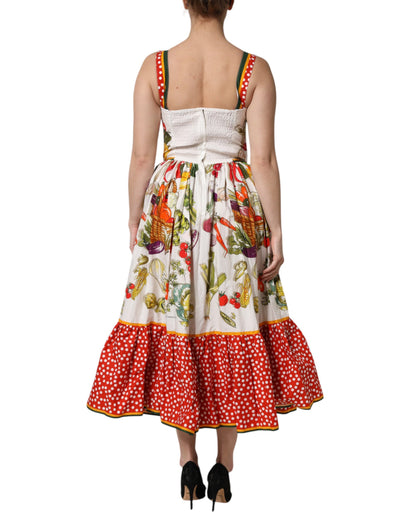 Dolce &amp; Gabbana Weißes ärmelloses Midikleid in A-Linie mit Gemüse