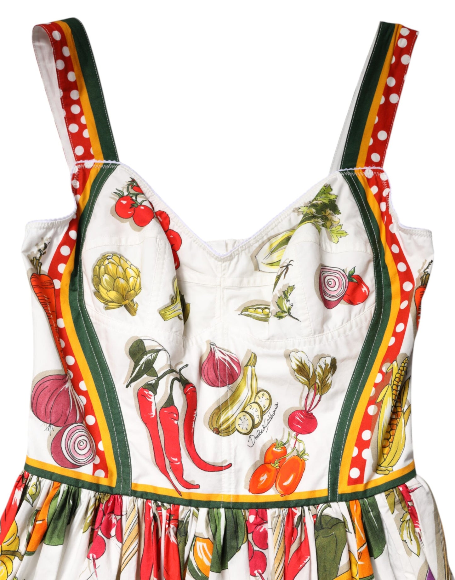Dolce &amp; Gabbana Weißes ärmelloses Midikleid in A-Linie mit Gemüse