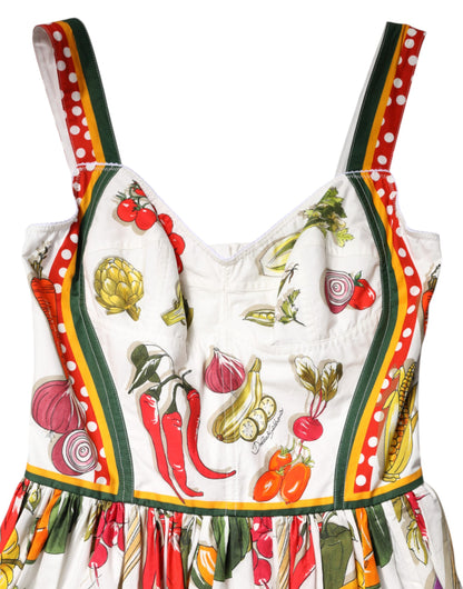 Dolce &amp; Gabbana Weißes ärmelloses Midikleid in A-Linie mit Gemüse