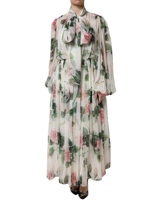 Dolce &amp; Gabbana – Langes Maxikleid mit Blumenmuster und Rosen in Weiß