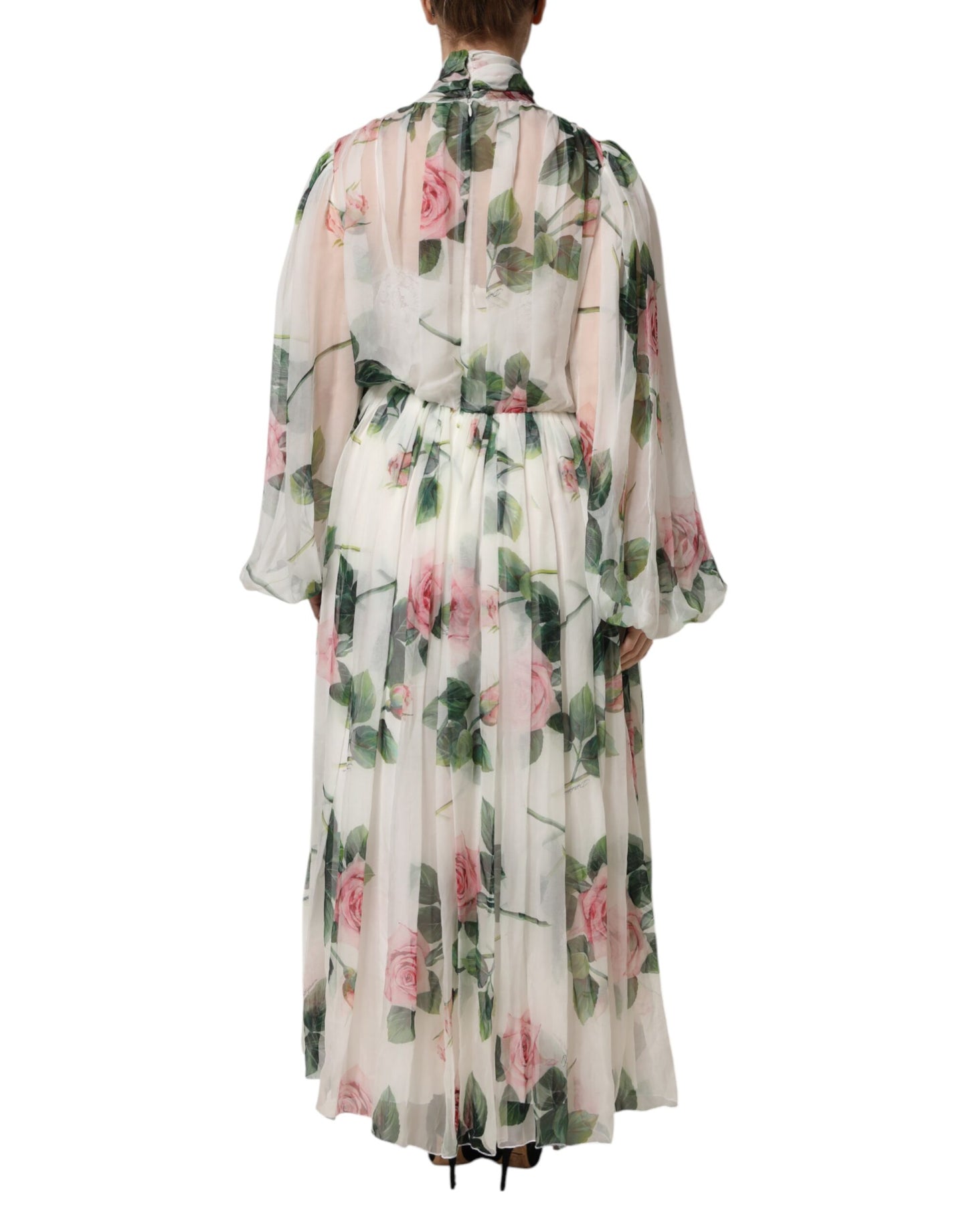 Dolce &amp; Gabbana – Langes Maxikleid mit Blumenmuster und Rosen in Weiß