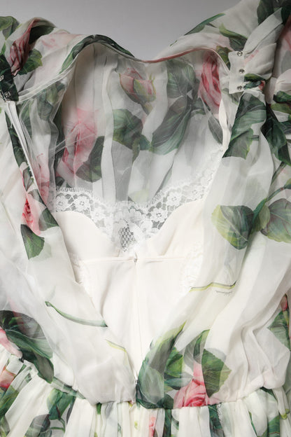 Dolce &amp; Gabbana – Langes Maxikleid mit Blumenmuster und Rosen in Weiß