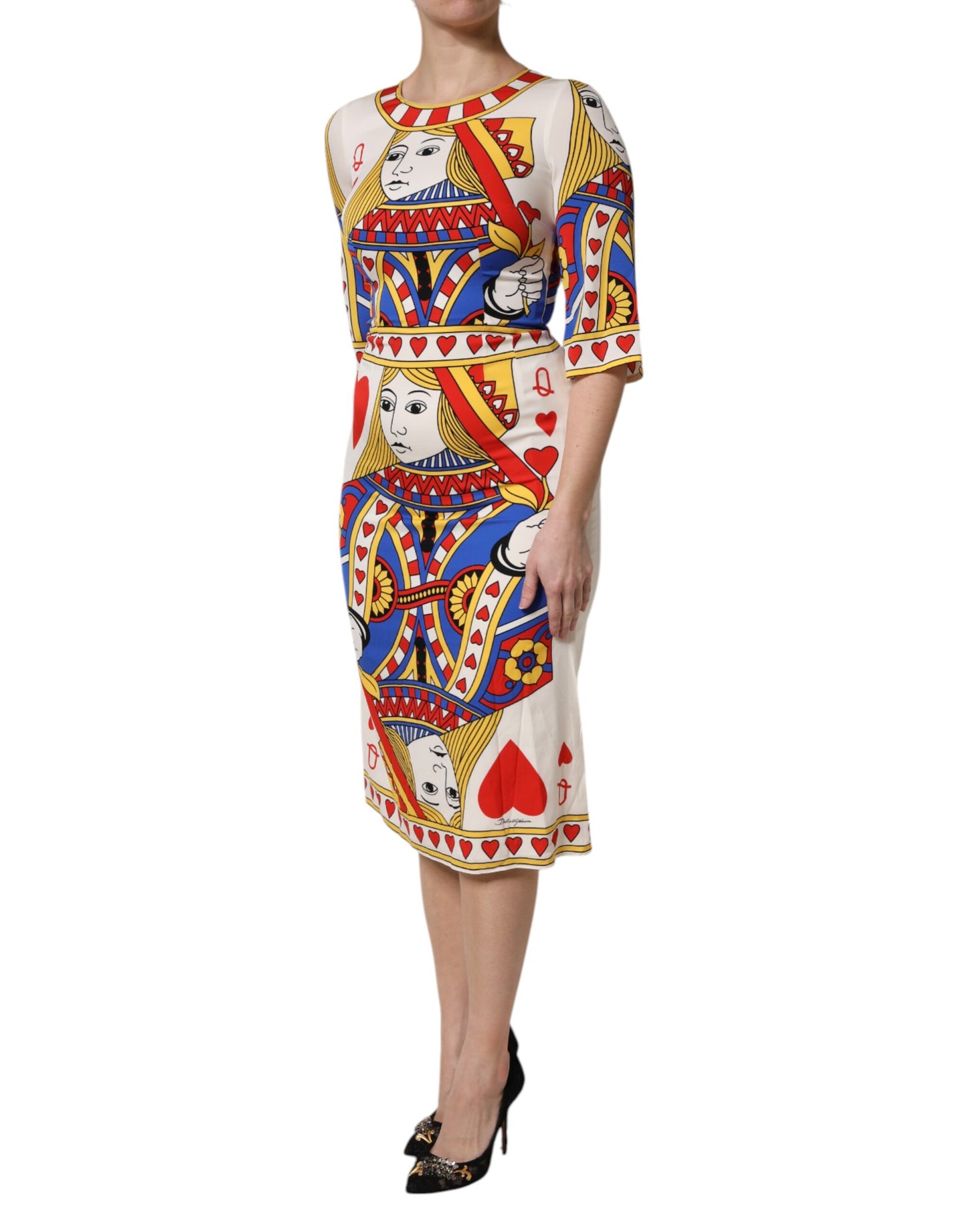 Dolce &amp; Gabbana – Weißes, kurzärmliges Midikleid „Queen of Heart“