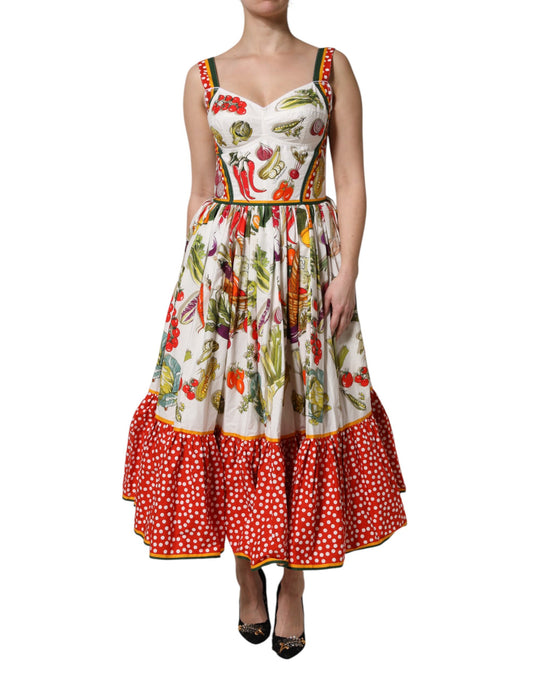 Dolce &amp; Gabbana Weißes ärmelloses A-Linien-Kleid mit Gemüse