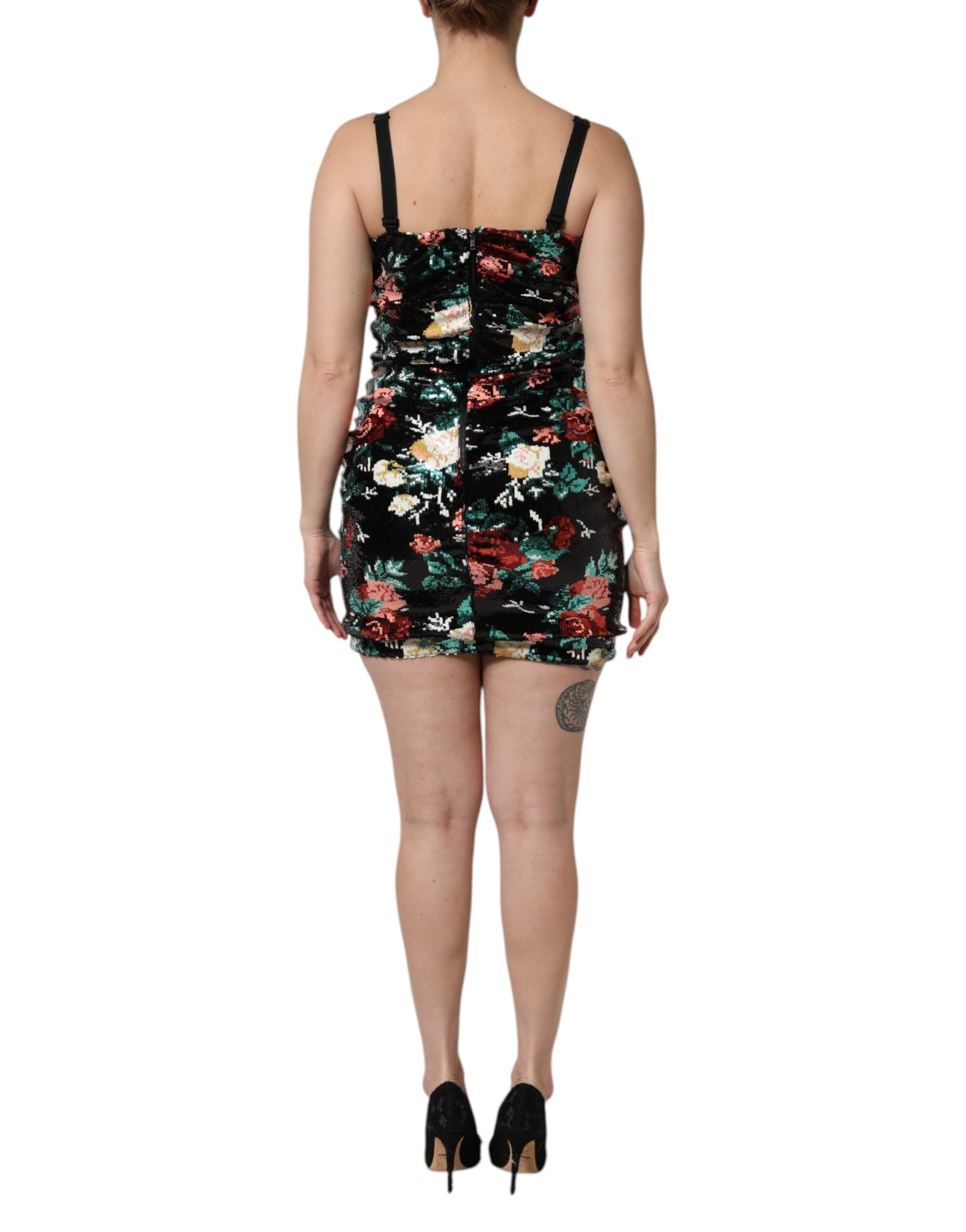 Dolce &amp; Gabbana – Schwarzes, ärmelloses Etuikleid mit Blumenmuster und Pailletten