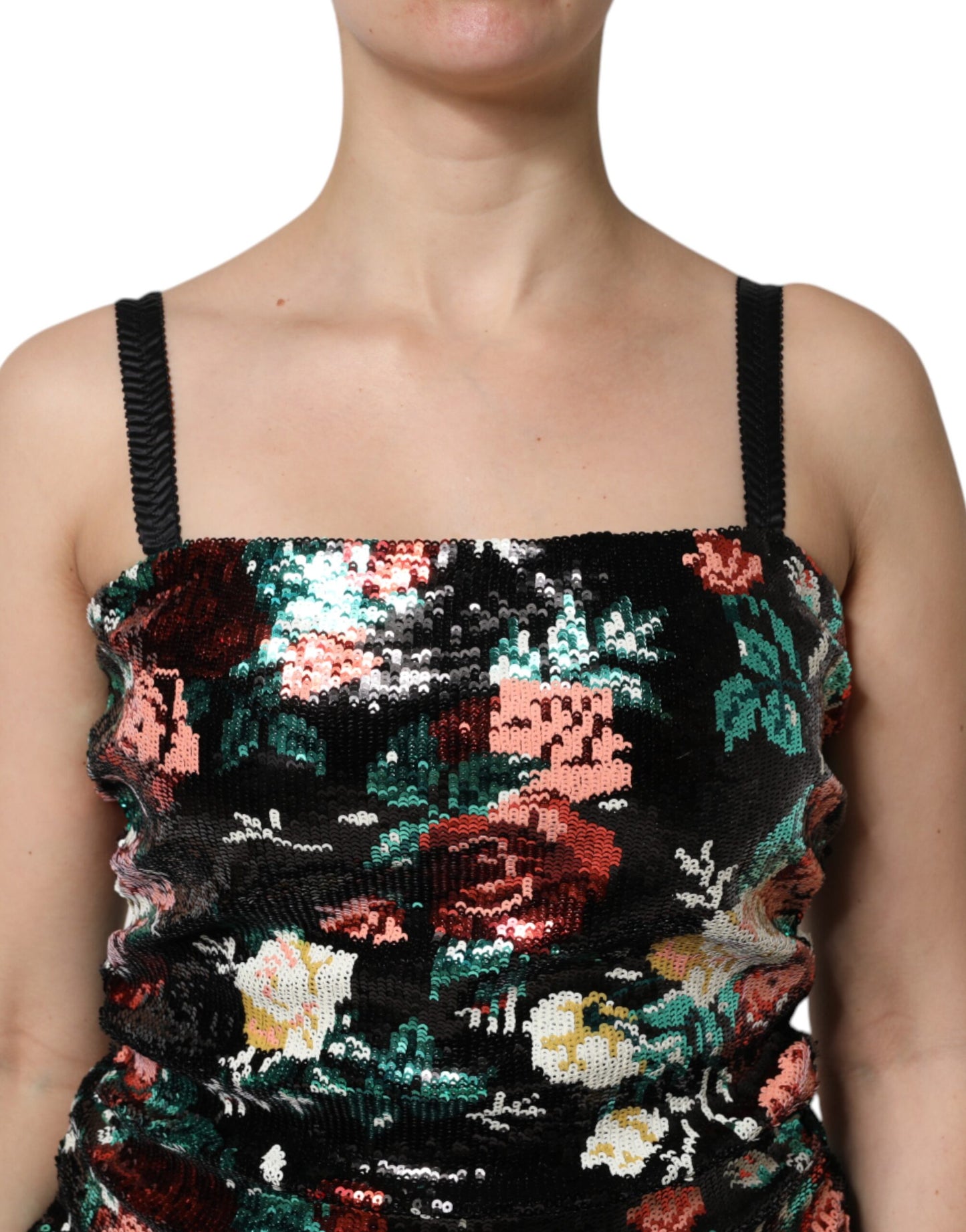 Dolce &amp; Gabbana – Schwarzes, ärmelloses Etuikleid mit Blumenmuster und Pailletten