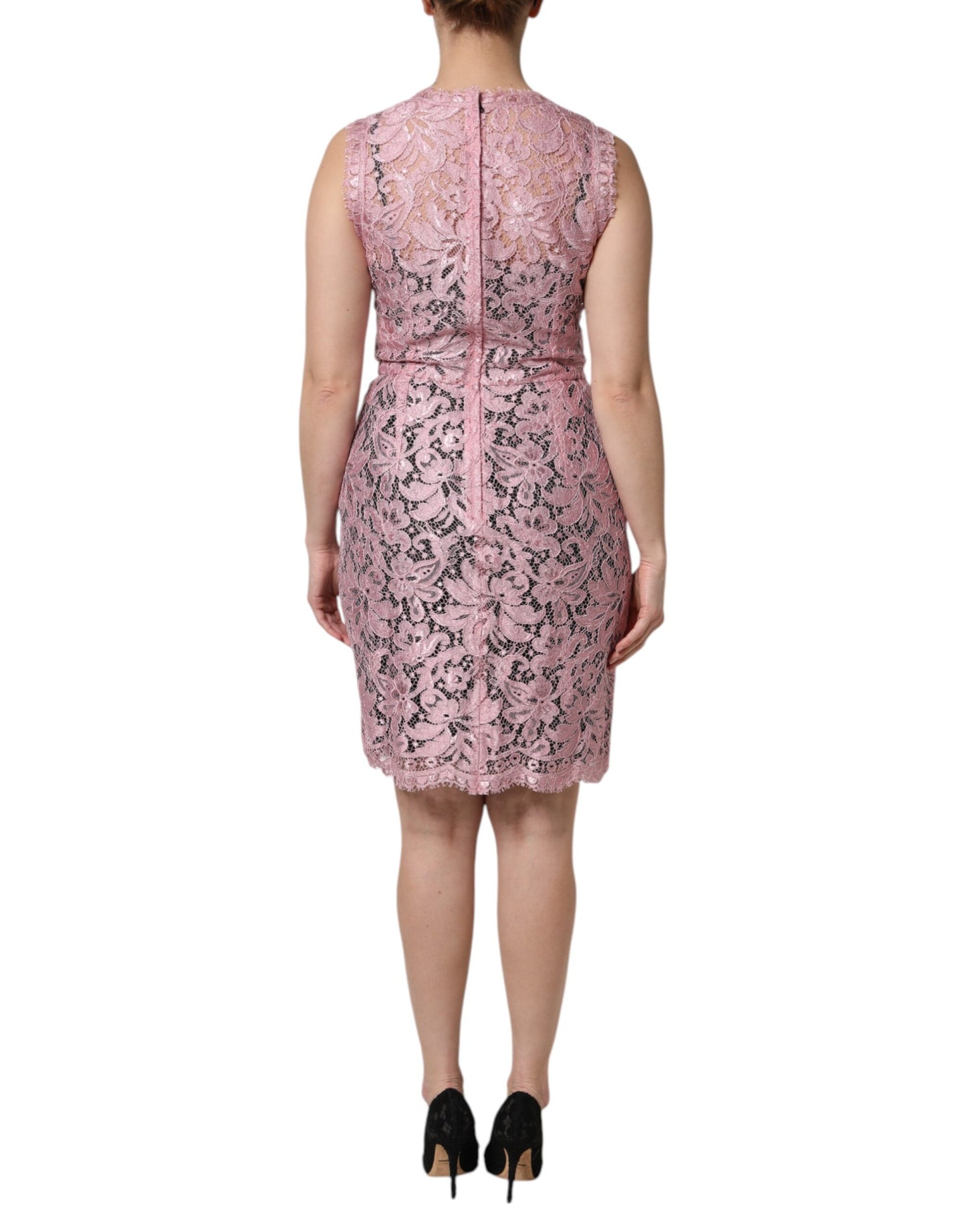 Dolce &amp; Gabbana – Ärmelloses Etuikleid aus rosa Blumenspitze