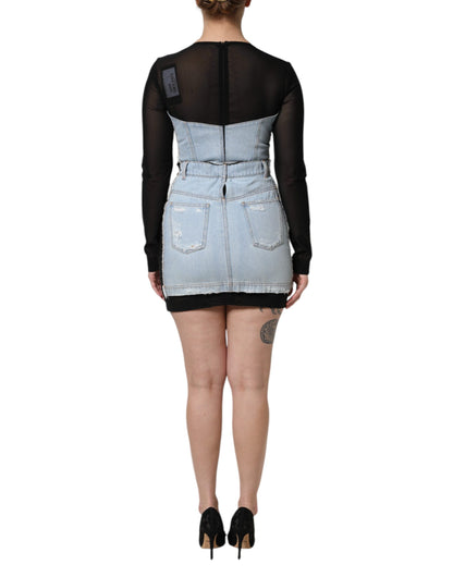Dolce &amp; Gabbana – Schwarz-blaues, langärmliges Jeans-Minikleid
