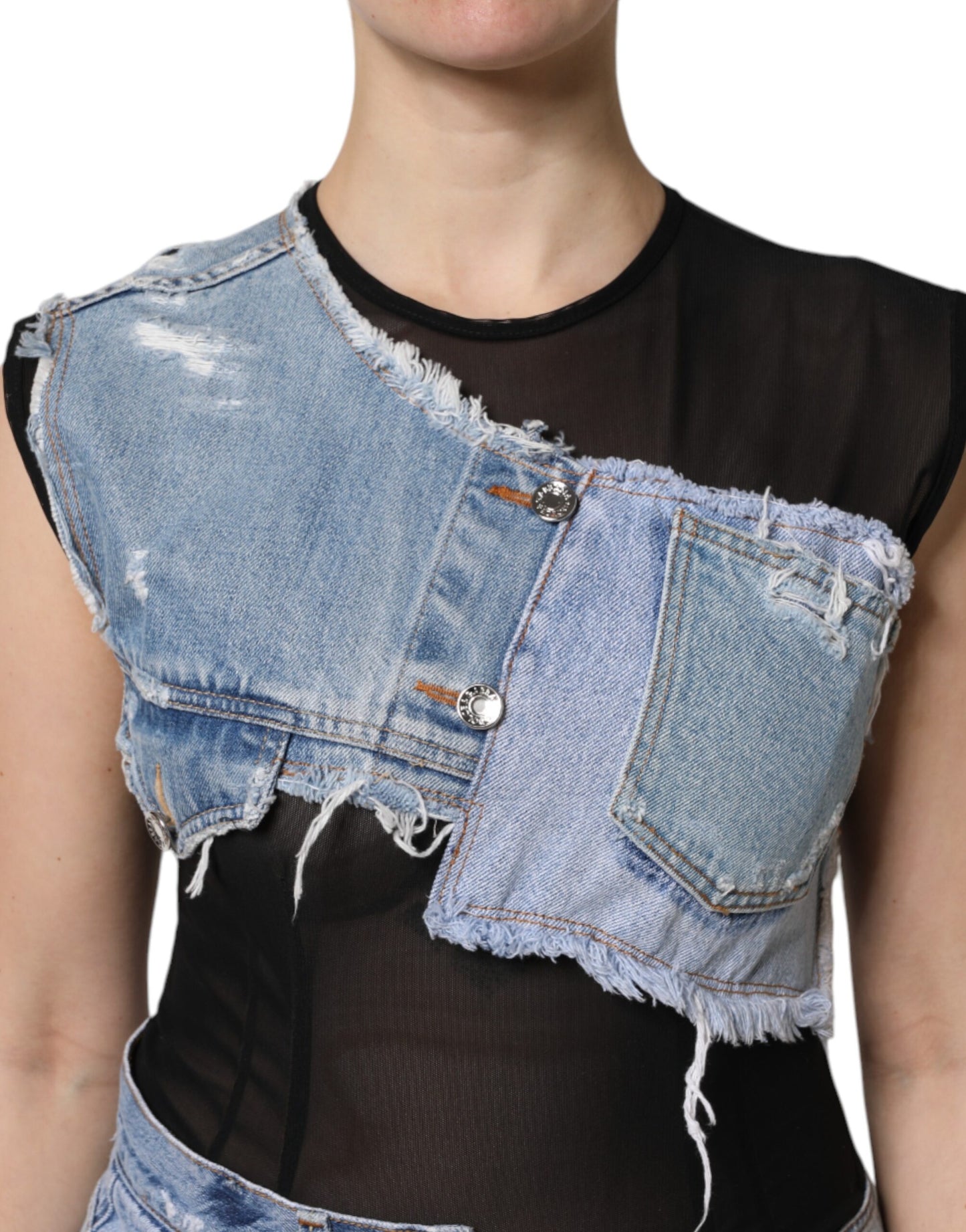 Dolce &amp; Gabbana Schwarz-blaues ärmelloses Jeans-Minikleid