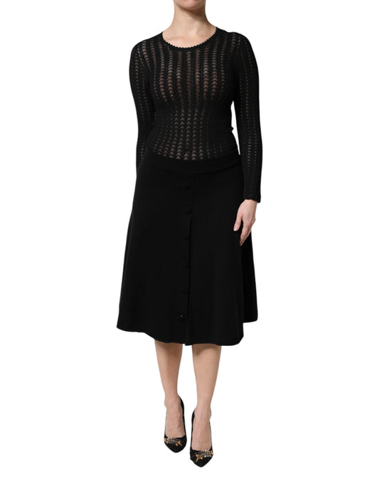 Dolce &amp; Gabbana – Schwarzes, langärmliges A-Linien-Midikleid aus Kaschmir
