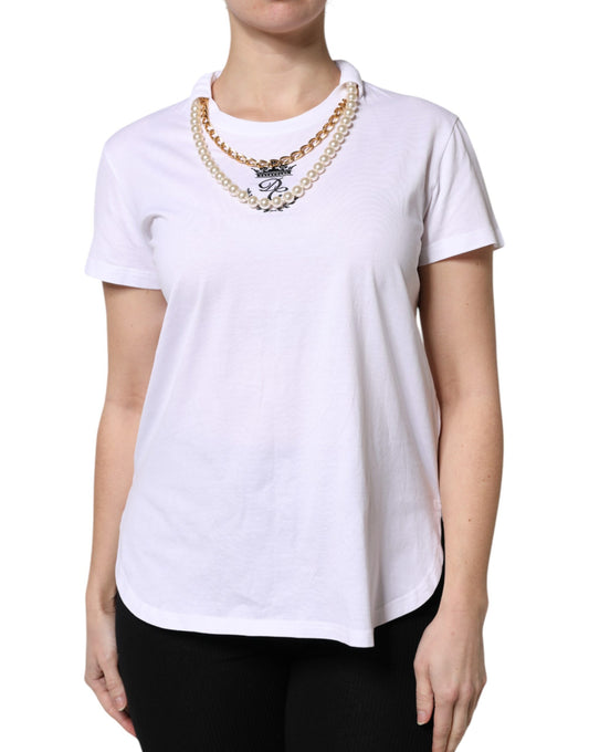 Dolce &amp; Gabbana Weißes T-Shirt aus Baumwolle mit Rundhalsausschnitt und Perlenkette