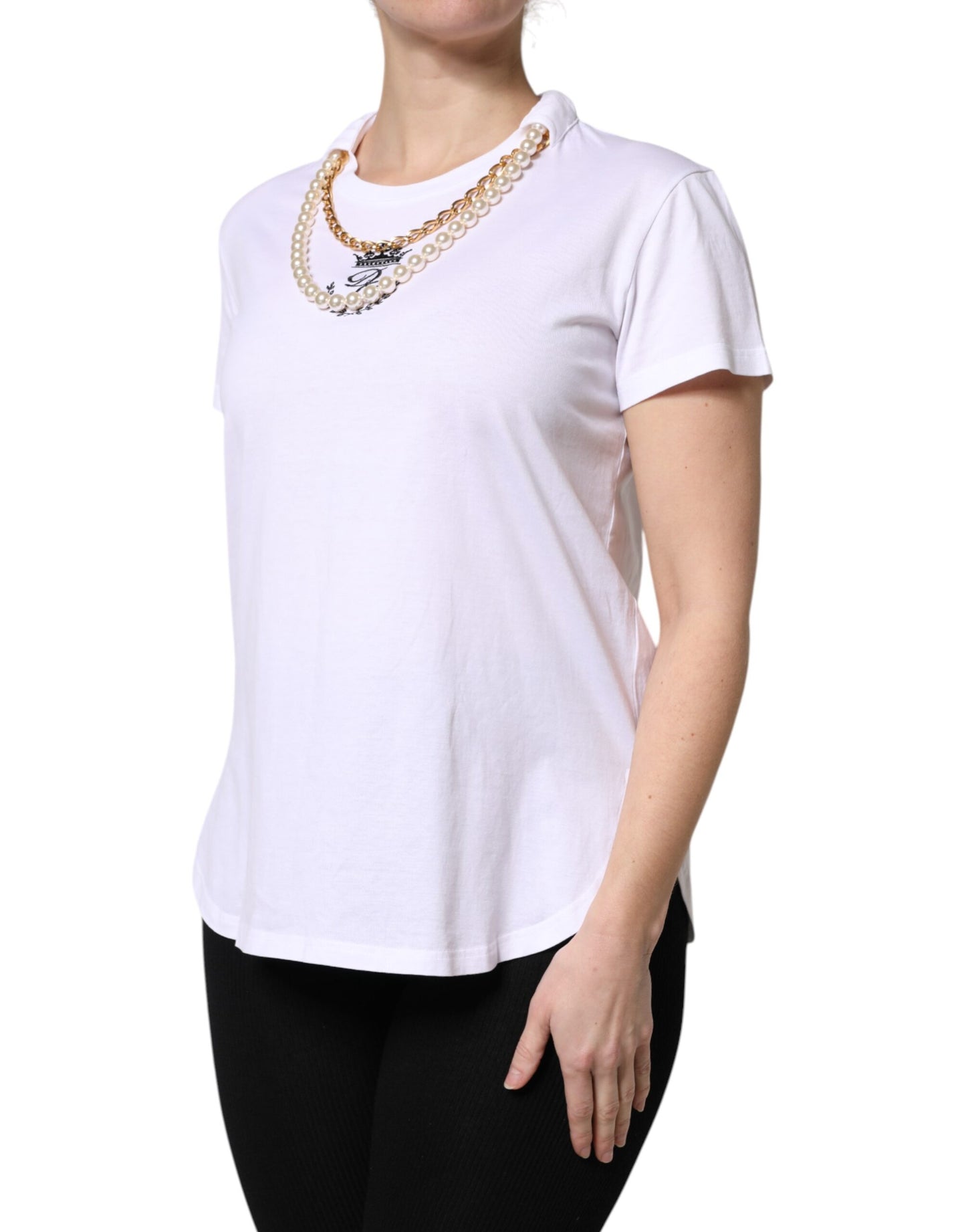 Dolce &amp; Gabbana Weißes T-Shirt aus Baumwolle mit Rundhalsausschnitt und Perlenkette
