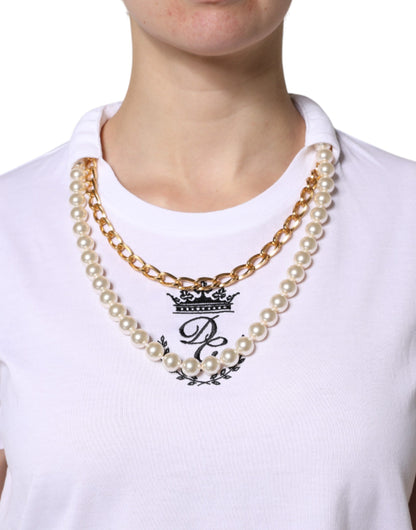 Dolce &amp; Gabbana Weißes T-Shirt aus Baumwolle mit Rundhalsausschnitt und Perlenkette