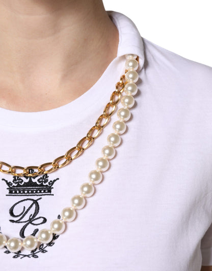 Dolce &amp; Gabbana Weißes T-Shirt aus Baumwolle mit Rundhalsausschnitt und Perlenkette