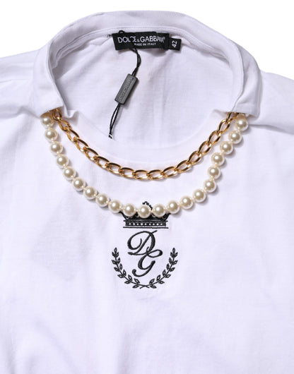 Dolce &amp; Gabbana Weißes T-Shirt aus Baumwolle mit Rundhalsausschnitt und Perlenkette