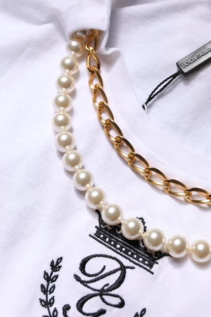 Dolce &amp; Gabbana Weißes T-Shirt aus Baumwolle mit Rundhalsausschnitt und Perlenkette