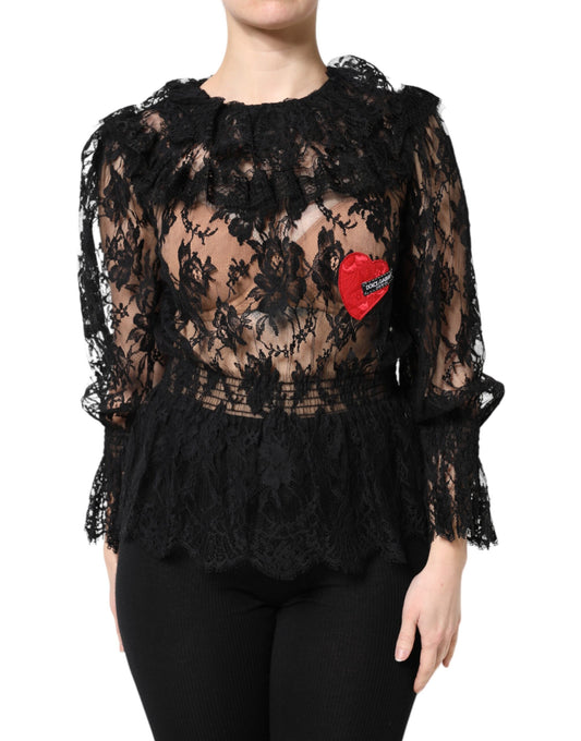 Dolce &amp; Gabbana Schwarzes Blusentop aus Baumwoll-Blumenspitze