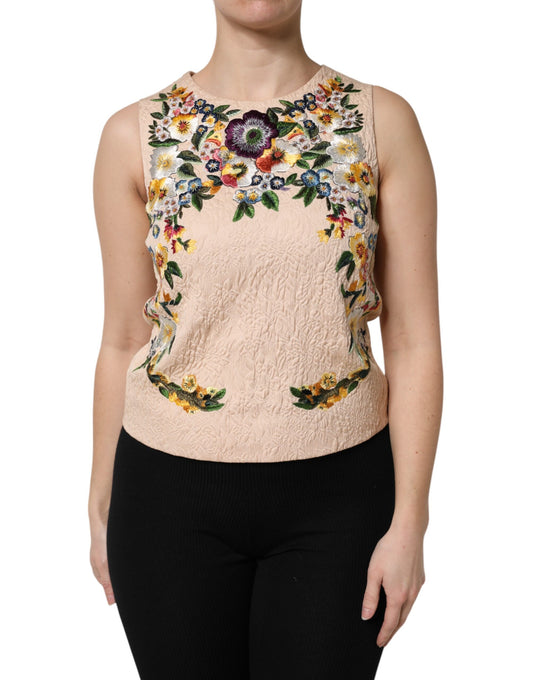 Dolce &amp; Gabbana Beiges ärmelloses Tanktop mit Blumenstickerei