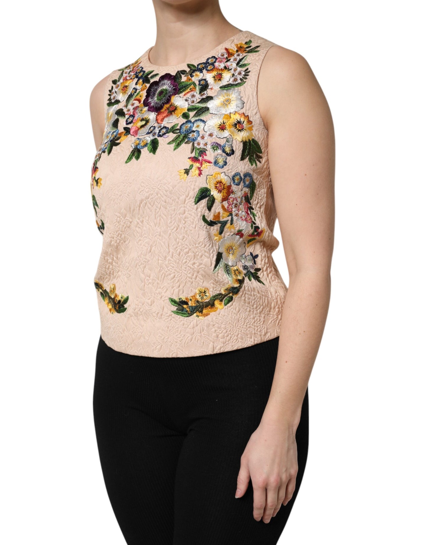 Dolce &amp; Gabbana Beiges ärmelloses Tanktop mit Blumenstickerei