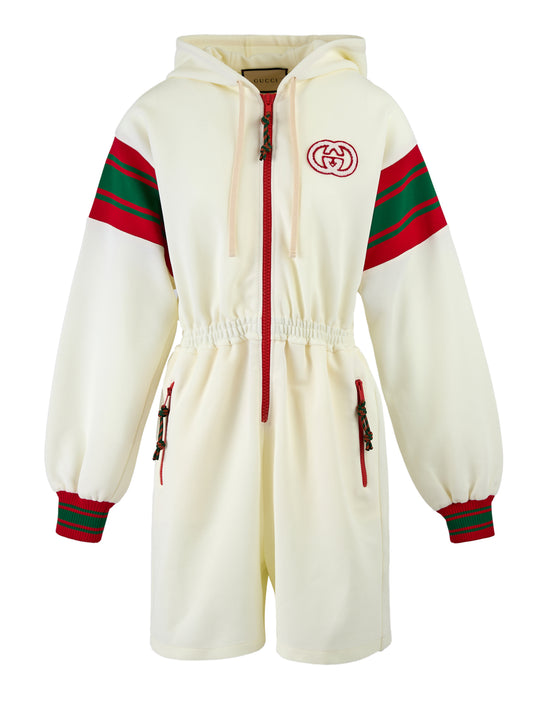 Cremefarbener Trainingsanzug aus Polyester mit Kapuze und Logo von Gucci