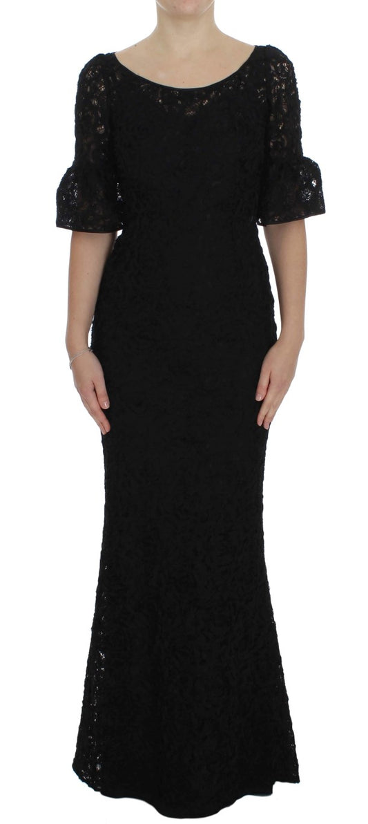 Dolce &amp; Gabbana – Langes, figurbetontes Maxikleid aus geblümter Spitze in Schwarz