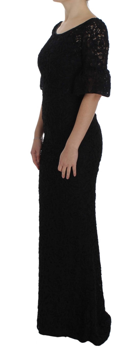 Dolce &amp; Gabbana – Langes, figurbetontes Maxikleid aus geblümter Spitze in Schwarz
