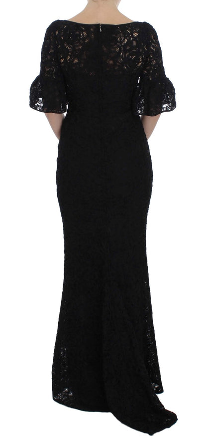 Dolce &amp; Gabbana – Langes, figurbetontes Maxikleid aus geblümter Spitze in Schwarz