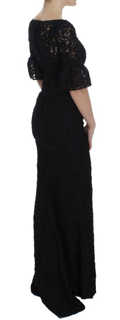 Dolce &amp; Gabbana – Langes, figurbetontes Maxikleid aus geblümter Spitze in Schwarz