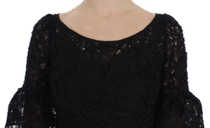Dolce &amp; Gabbana – Langes, figurbetontes Maxikleid aus geblümter Spitze in Schwarz