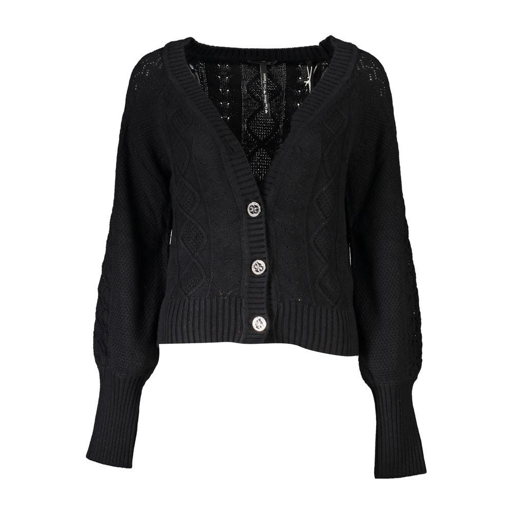 Guess Jeans – Elegante schwarze Strickjacke mit langen Ärmeln und Kontrastdetails