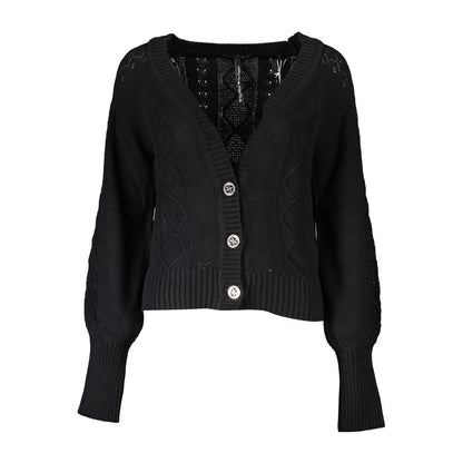 Guess Jeans – Elegante schwarze Strickjacke mit langen Ärmeln und Kontrastdetails