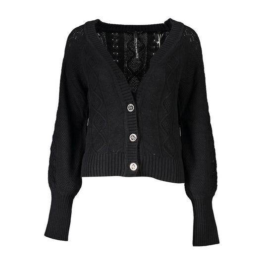 Guess Jeans – Elegante schwarze Strickjacke mit langen Ärmeln und Kontrastdetails